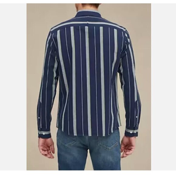 Banana Republic UNTUCKED Slim Fit Navy/Grey Stripe Button-down Cotton Size L $80 - Picture 2 of 4